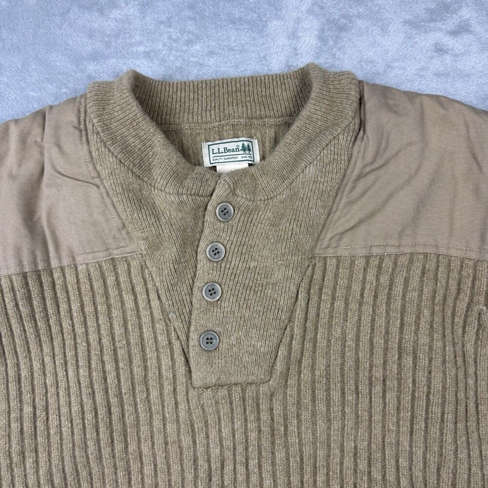 L.L.Bean 100% Merino Wool Rib Knit Henley Sweater Elbow Patch Tan Men’s L - Picture 4 of 9